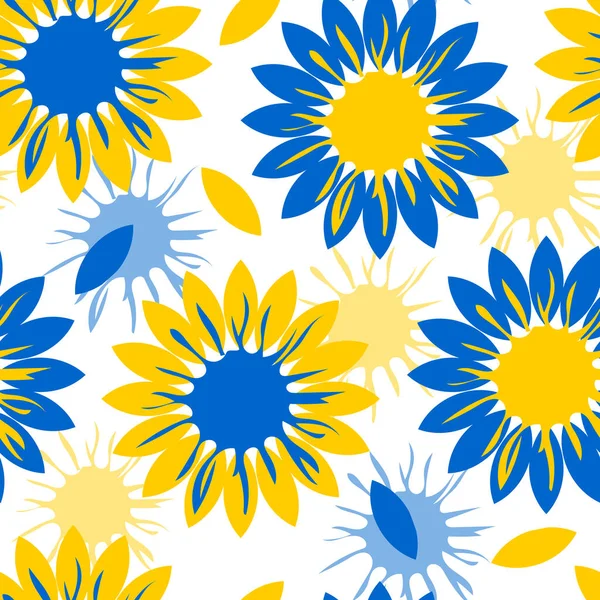 Sunflower White Background Blue Yellow Petals Seamless Cute Pattern Textiles — Stockfoto