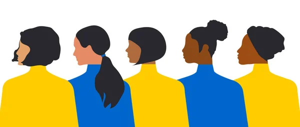 Postkartenvorlage Mit Frauen Verschiedener Nationalitäten Und Religionen Gelb Und Blau — Stockfoto