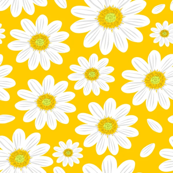 Дикі Квіти Ромашки Безшовний Літній Візерунок Великими Білими Квітами Жовтому — стокове фото