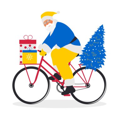 Cheerful Santa Claus on a bicycle delivers gifts and a Christmas tree. Festive modern New Year card. 