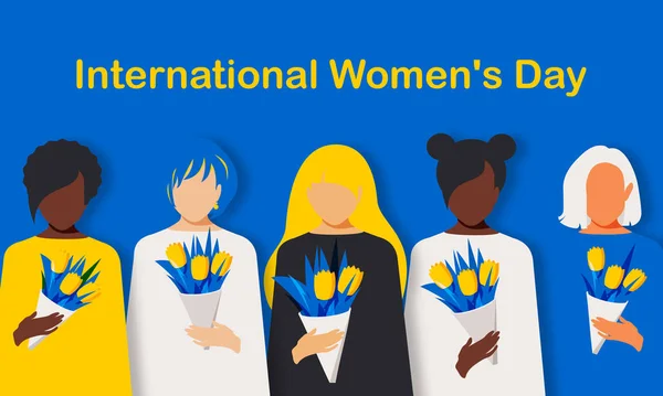 International Women Day Modern Women Different Nationalities Religions Hold Yellow — 스톡 사진
