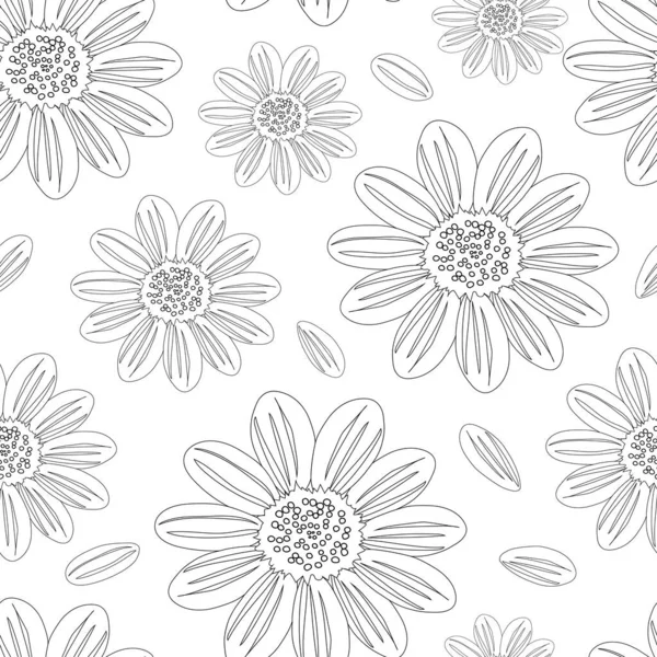 Wild Wildflowers Chamomile Black Outline Coloring Seamless Summer Pattern Large — Stockfoto