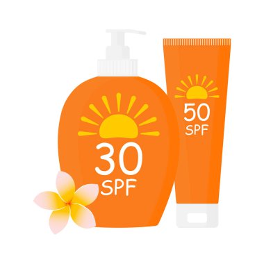 Tubes and bottles of sunscreens with different SPF on a white background. Cosmetics with UV protection.