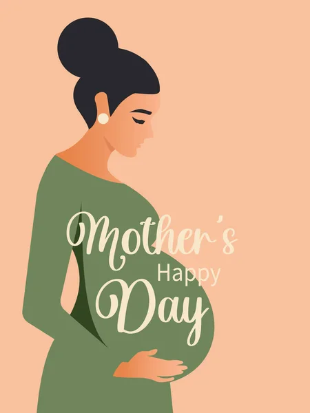 幸せな母親の日 緑色のドレスを着た若い妊婦は赤ちゃんを期待していることを喜んでいます ピンクのパステルの背景を持つ垂直モダンなポストカード — ストック写真