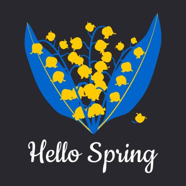 Vadideki zambak. Merhaba Spring. Siyah arka planda mavi ve sarı renkli çiçek kartı. 