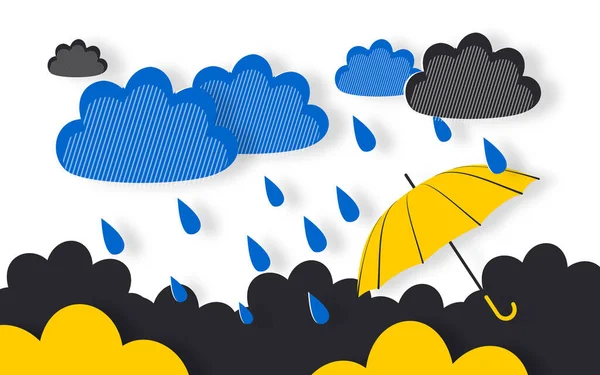 为雨季准备可爱的黄色雨伞 乌云是蓝色和黑色的 剪纸风格有所下降 — 图库照片