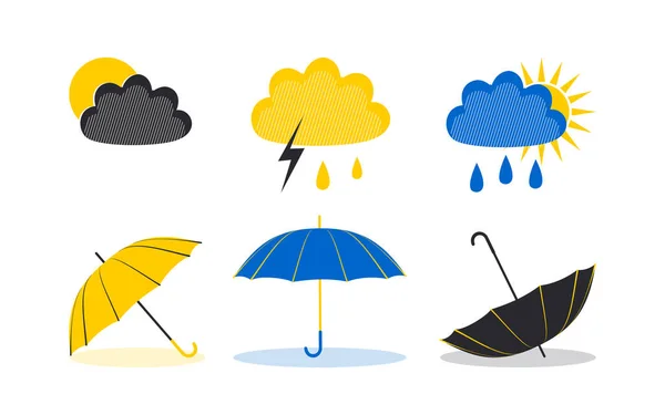 一套雨伞和雨天云 在白色背景上隔绝的雨季标志 — 图库照片