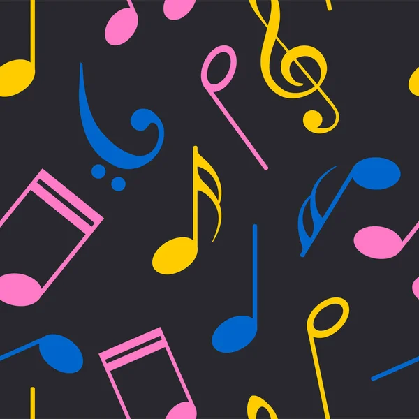 Musical notes, treble and bass clef in different colors on a black background. Seamless cute pattern for textiles, fabrics.