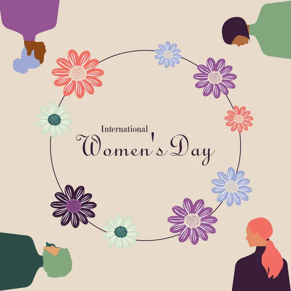 Dia Internacional Mulher Com Flores Mulheres Modernas Diferentes Nacionalidades Religiões — Fotografia de Stock