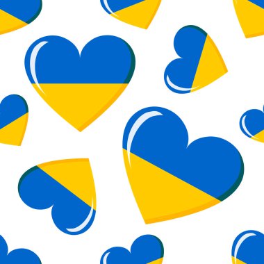 Tekstil ve kağıt ürünleri, sunum posterleri ve posterleri için kusursuz şirin desenler. Beyaz arka planda kalp şeklinde Ukrayna bayrağı.