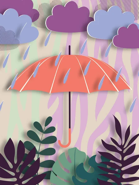 紙の芸術スタイルで雨季 雲や雨滴や熱帯の葉の下にピンクの傘 — ストック写真