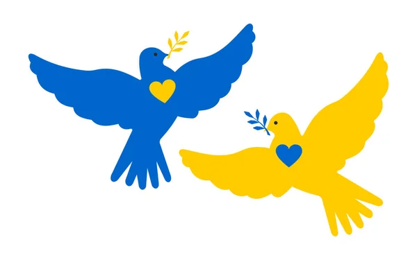 Pair Cute Yellow Blue Peace Doves Twig Beak Heart Chest — Stock Photo, Image