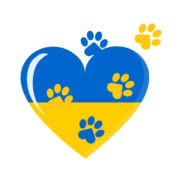 Paws of a cat, dog, puppy on a white background in a flat design. Heart in the colors of the flag of Ukraine. Support and love for animals.