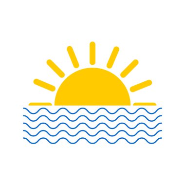 Güneş ve deniz. Tatil zamanı. Beyaz arka planda yaz baskısı izole edildi. Sarı ışınlar ve deniz mavisi dalgalar. 