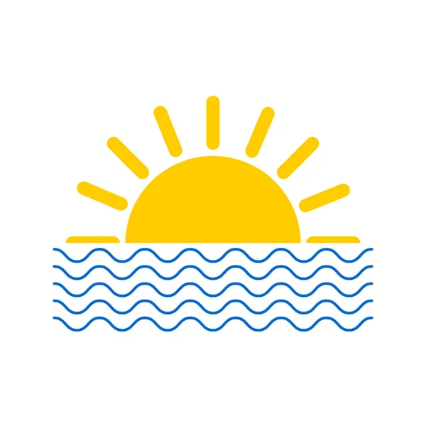 太陽と海 休暇の時間だ 白色の背景に隔離された夏のプリント 黄色の光線と青い波 — ストック写真
