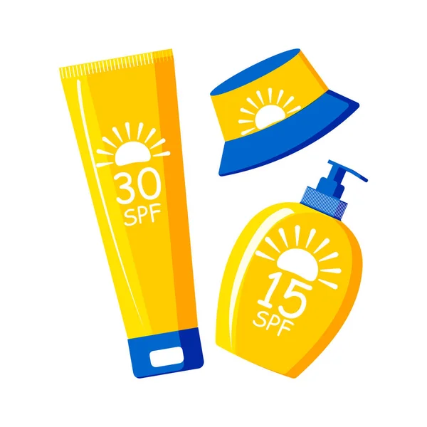 Tubo Amarelo Garrafa Azul Com Dispensador Protetor Solar Com Spf — Fotografia de Stock