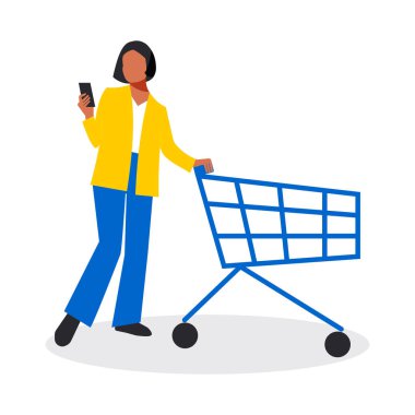 A modern young woman in a business suit with a mobile phone in her hand is shopping in a store with a trolley and isolated on a white background. Stylish business woman in full growth. 