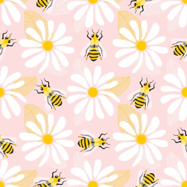 Wild chamomile flowers and honey bees. Seamless summer pattern with big white flowers and insects on a pink background. For printing on modern fabrics. 