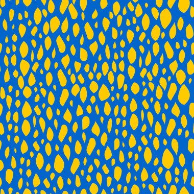 Mavi arka planda şekilsiz modern sarı damlalar. Kumaşlar için pürüzsüz motif. 