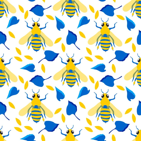Honey Bees Seamless Pattern Cute Insects Blue Leaves Yellow Petals — ストック写真