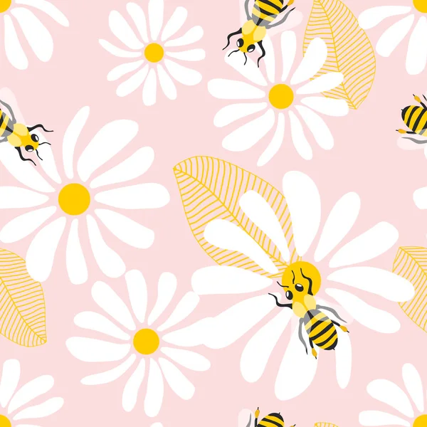 Wild Chamomile Flowers Honey Bees Seamless Summer Pattern Big White — Stockfoto