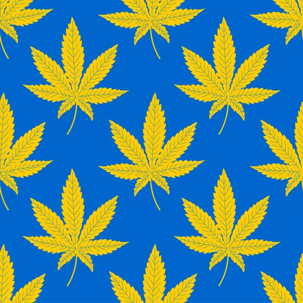 Žluté Listy Marihuany Modrém Pozadí Bezešvé Roztomilý Vzor Narkotickými Rostlinami — Stock fotografie