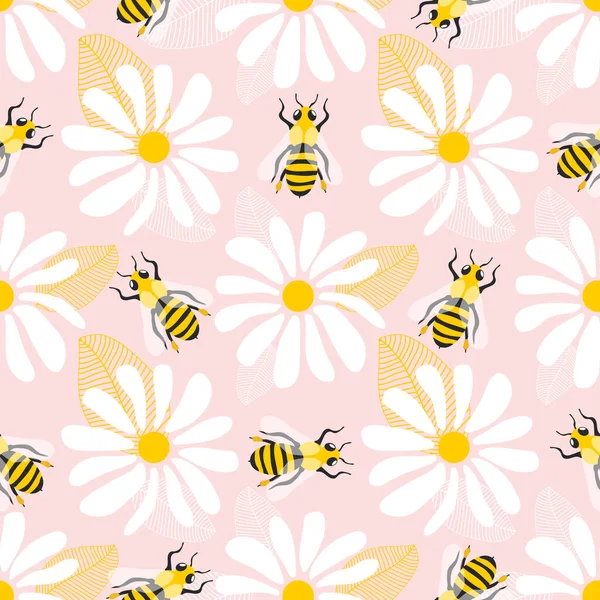 Wild chamomile flowers and honey bees. Seamless summer pattern with big white flowers and insects on a pink background. For printing on modern fabrics.