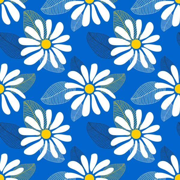 Wilde Kamillebloemen Naadloos Zomerpatroon Met Grote Witte Bloemen Een Blauwe — Stockfoto