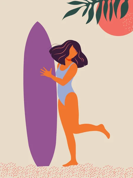 Beautiful athletic girl with purple hair and a surfboard on the beach under the sun. Modern poster in flat design style on the theme of Summer and Vacation.