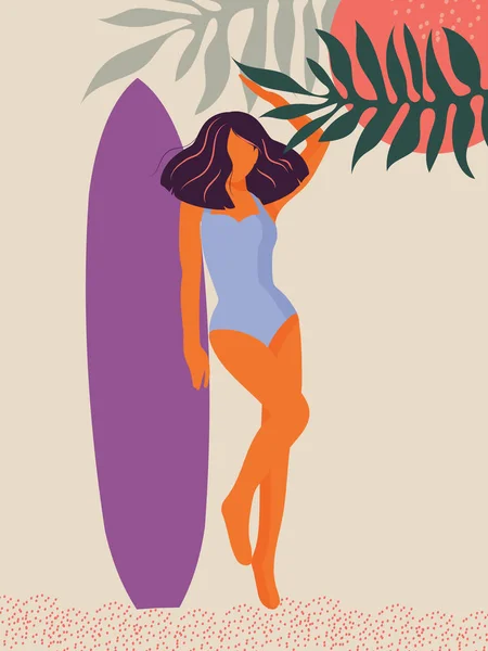 Piękna Wysportowana Dziewczyna Fioletowymi Włosami Deską Surfingową Plaży Pod Słońcem — Zdjęcie stockowe