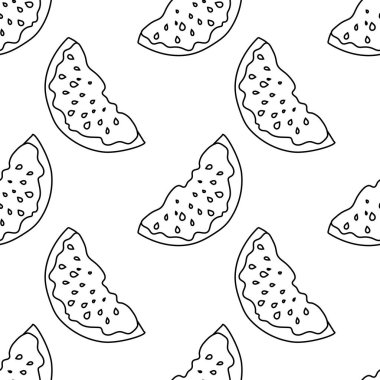 Çekirdekli karpuz dilimleri. Modern tekstil için kusursuz bir desen, dekoratif kağıt. Beyaz bir arkaplanda siyah doğrusal çizgi. 