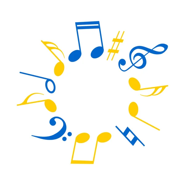 Notas Musicales Azul Amarillo Dispuestas Círculo Sobre Fondo Blanco Con —  Fotos de Stock