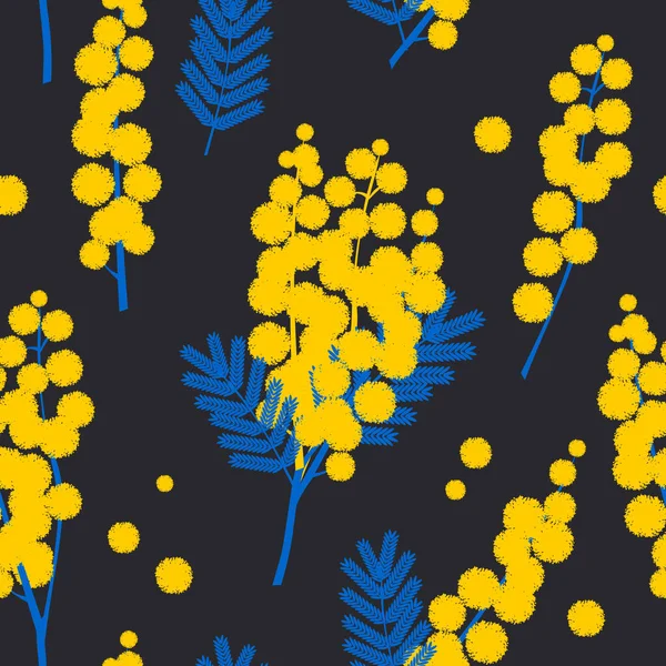 Acacia Branches Yellow Flowers Black Background Spring Seamless Pattern Mimosa — 스톡 사진
