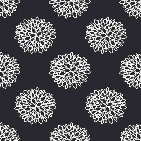 Abstract aster and chrysanthemum flowers are drawn with a white outline on a black background. Seamless floral pattern for decorative fabrics.