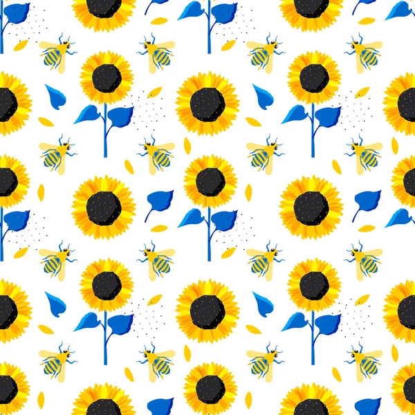 Sunflowers Bees Seamless Pattern Yellow Flowers Insects Blue Leaves Modern — Zdjęcie stockowe