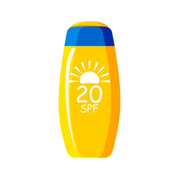Yellow tube with a blue cap of SPF 20 sunscreen on a white background. Cosmetics with UV protection.