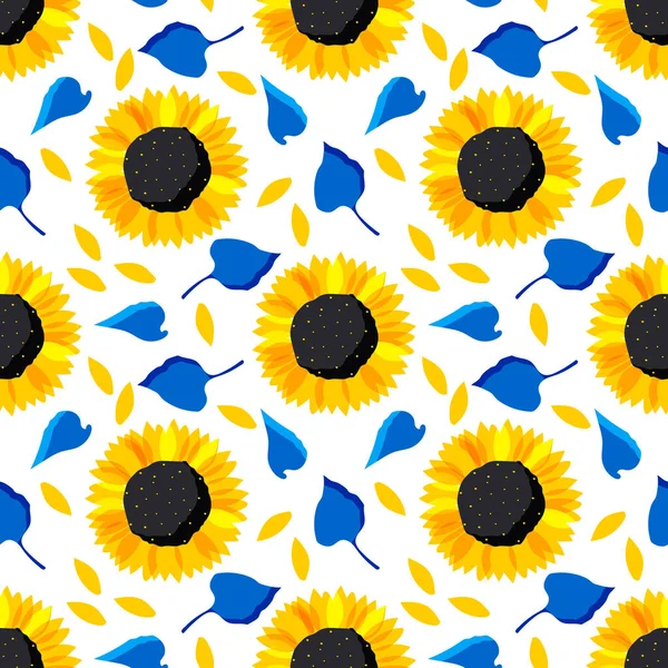 Ηλιοτρόπια Απρόσκοπτη Μοτίβο Κίτρινα Λουλούδια Και Μπλε Φύλλα Για Μοντέρνα — Φωτογραφία Αρχείου