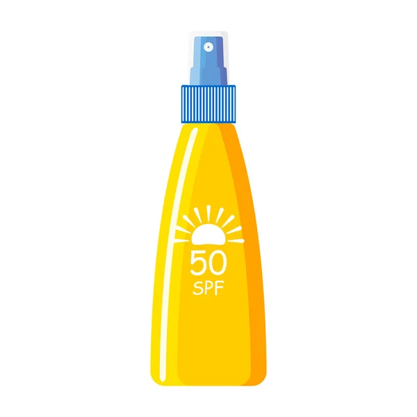 Yellow tube with a blue cap of SPF 50 sunscreen on a white background. Cosmetics with UV protection.