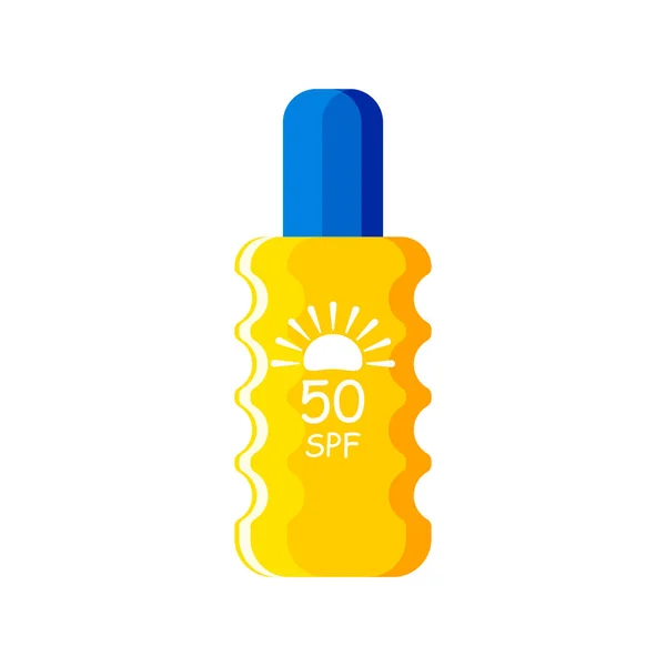 Yellow tube with a blue cap of SPF 50 sunscreen on a white background. Cosmetics with UV protection.