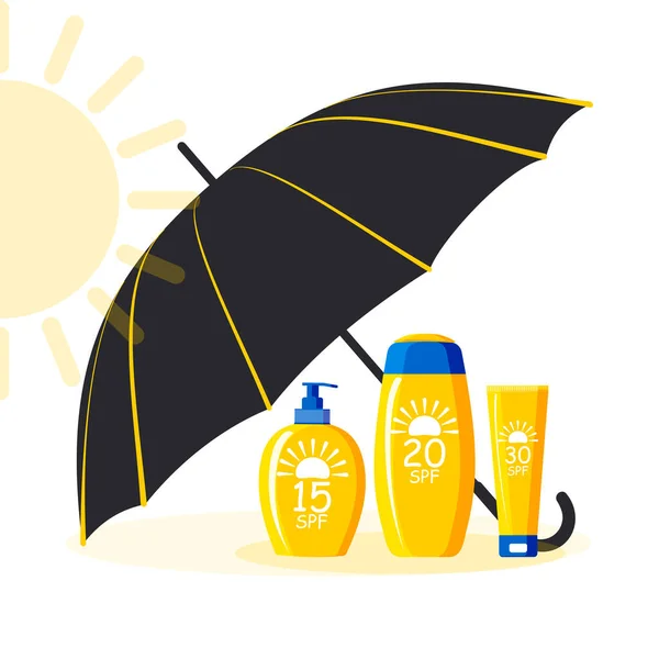 Yellow tubes and bottles with a blue cap of sunscreen SPF 15, 20 and 30 are under a black sun umbrella in a hot sunny summer. Cosmetics with UV protection.