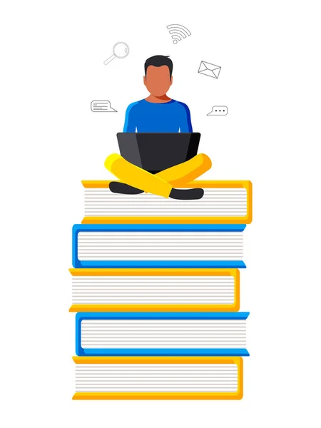Roztomilý Cílevědomý Student Sedí Notebookem Knihách Online Vzdělávací Koncept Modré — Stock fotografie