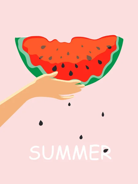 A slice of red watermelon with seeds in a hand on a pastel pink vertical background. Cute summer poster.