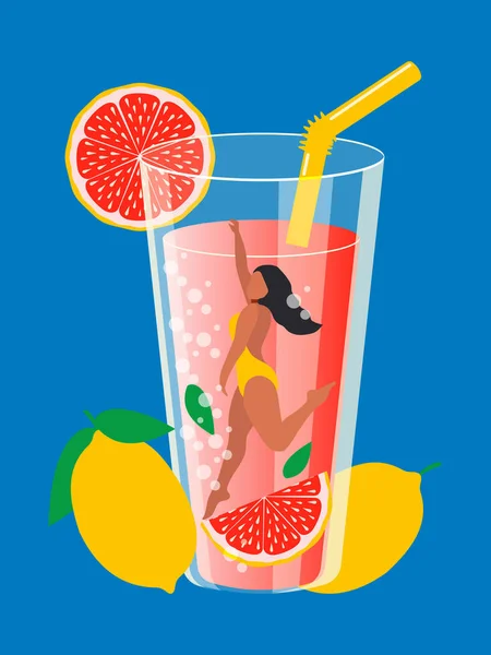 Modern Design Lemonade Girl Floating Pool Vertical Blue Background Summer — Stock Photo, Image