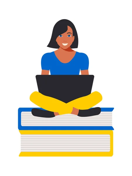 Ukrainian student woman sits with a laptop on the books. Online education concept in blue and yellow colors flat style. Freelancer remote work.