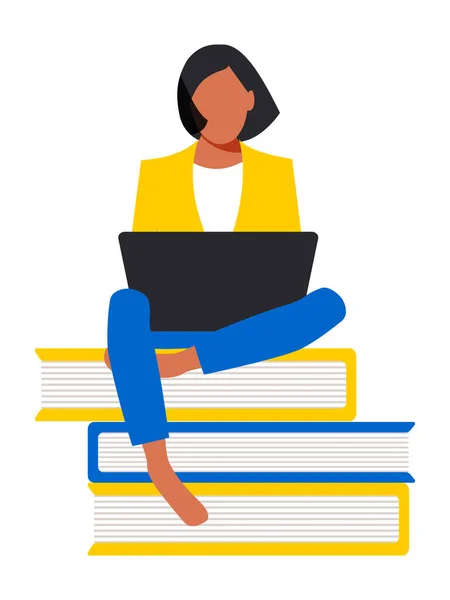 A cute female student in a jacket sits with a laptop on books barefoot. Online education concept in blue and yellow colors flat style. Remote work freelancer.