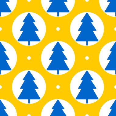 Christmas trees of blue color on a yellow background with snow. Seamless winter holiday pattern. 