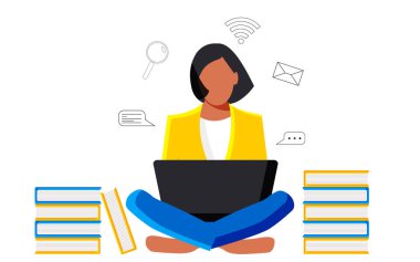 A cute purposeful female student is sitting with a laptop among books and textbooks. Online education concept in blue and yellow colors flat style on white background. 