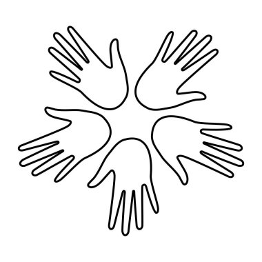 The hands of multiethnic people are arranged in a circle with a black outline on a white background. Coloring. Loving hands show support. 