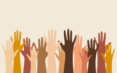 Hands of people with different skin colors, different nationalities and religions. Activists, feminists and other communities fight for equality. Horizontal background with copy space. 
