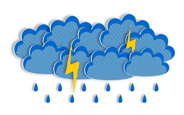 Rain blue clouds with lightning and thunderstorm in paper cut style. Modern design of a weather forecast during a storm. Horizontal white poster with cloudy sky.